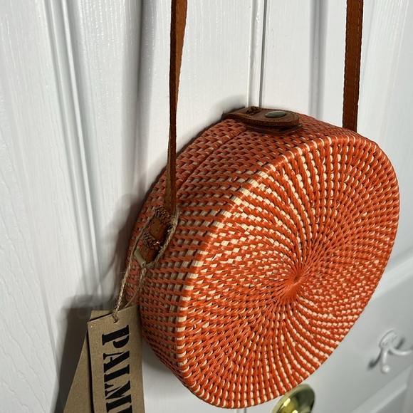 Rattan Circle Crossbody Bag Round Hand Woven Orange Lined Purse - Picture 3 of 8